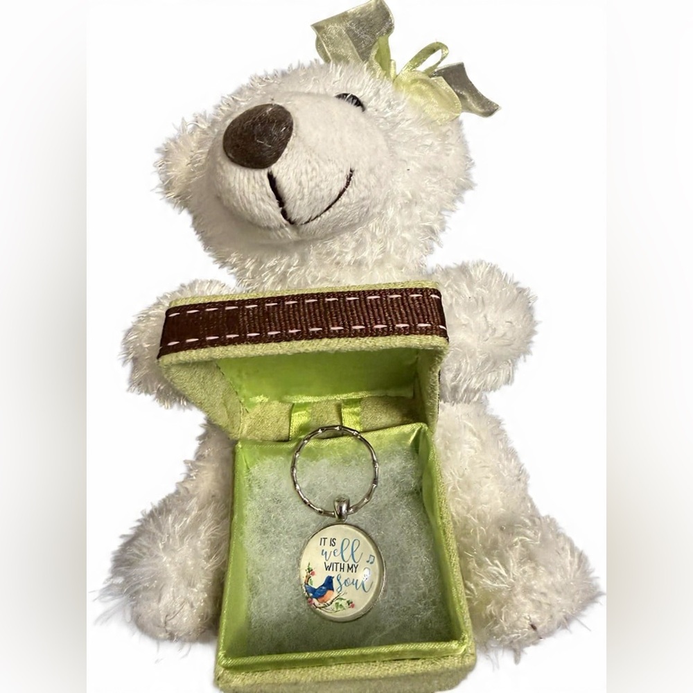 White Plush Teddy Bear with Green Gift Box & Inspirational Keychain